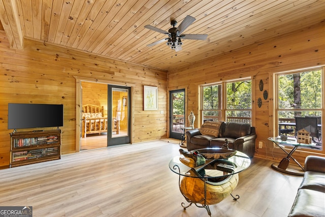 living area featuring wooden walls, wood ceiling, wood finished floors, and a ceiling fan