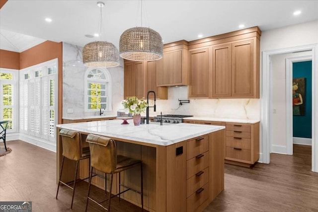 kitchen featuring an island with sink, backsplash, dark wood-style floors, range, and light stone countertops