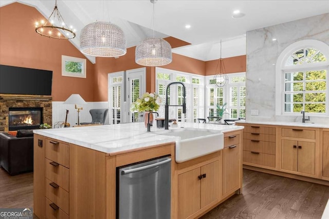 kitchen with a sink, plenty of natural light, open floor plan, a fireplace, and dishwasher