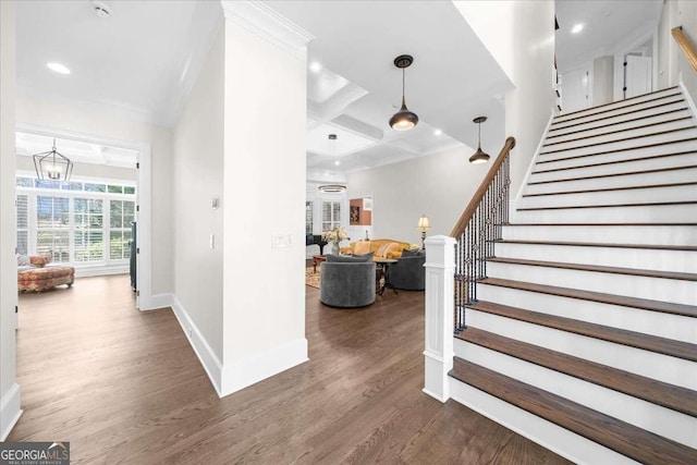 interior space with recessed lighting, wood finished floors, baseboards, and coffered ceiling