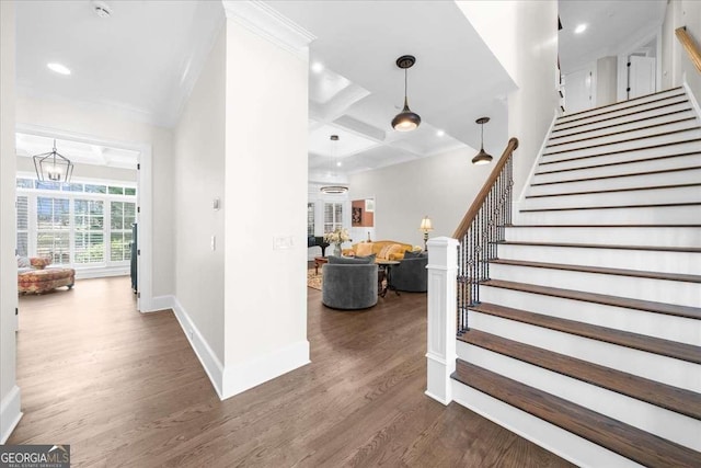 135 Newcastle Ct, Roswell, GA 30076 - foyer with wood finished floors, stairs, coffered ceiling, recessed lighting, and crown molding