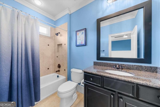 bathroom featuring vanity, shower / bathtub combination with curtain, ornamental molding, tile patterned flooring, and toilet