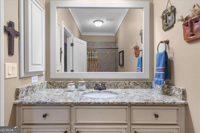 full bathroom featuring vanity, crown molding, and a shower with curtain