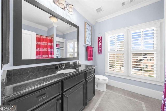 bathroom with tile patterned flooring, crown molding, toilet, and visible vents