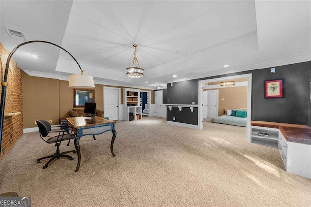 135 Newcastle Ct, Roswell, GA 30076 - game room with a chandelier, carpet, a tray ceiling, an office area, and recessed lighting