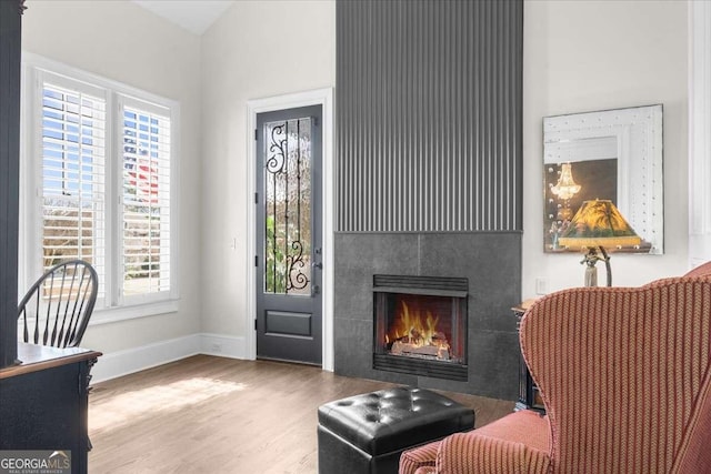 entryway with baseboards, wood finished floors, and a fireplace