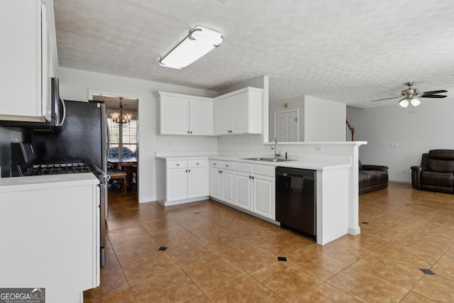 kitchen with a sink, black dishwasher, open floor plan, gas range oven, and a peninsula