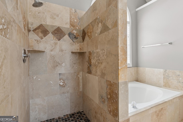 full bath featuring a wealth of natural light, a bath, and a tile shower