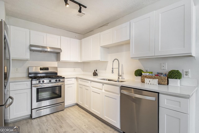 kitchen featuring a sink, under cabinet range hood, stainless steel appliances, light wood-style floors, and light countertops