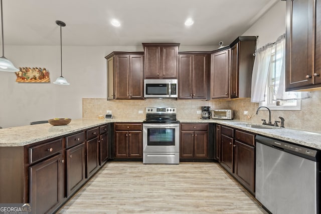 kitchen with decorative backsplash, a peninsula, appliances with stainless steel finishes, and a sink