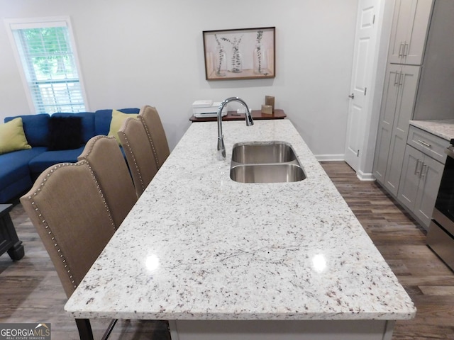 kitchen featuring dark wood-type flooring, an island with sink, gray cabinets, a sink, and light stone counters