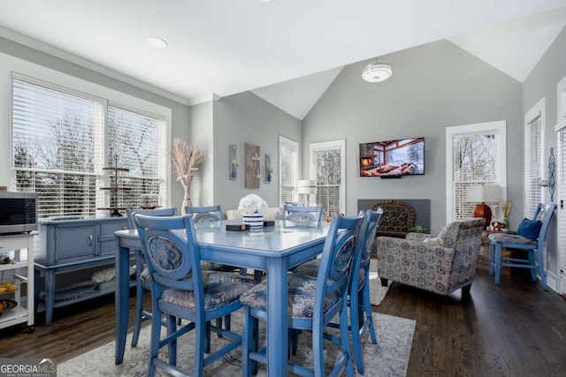 dining space with lofted ceiling and dark wood-style floors