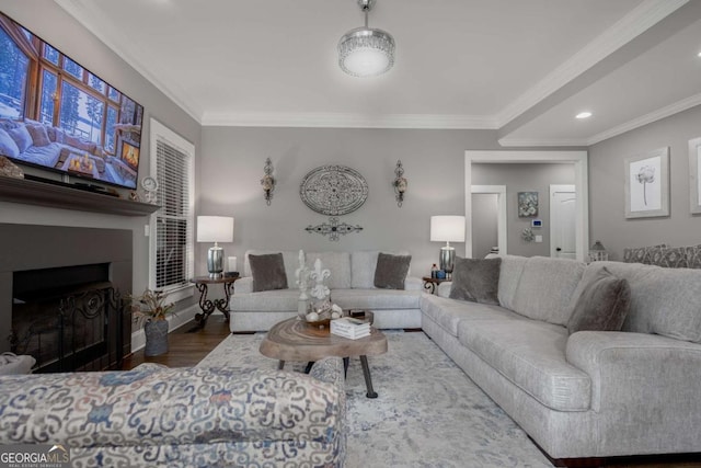 living area featuring a fireplace, crown molding, and wood finished floors