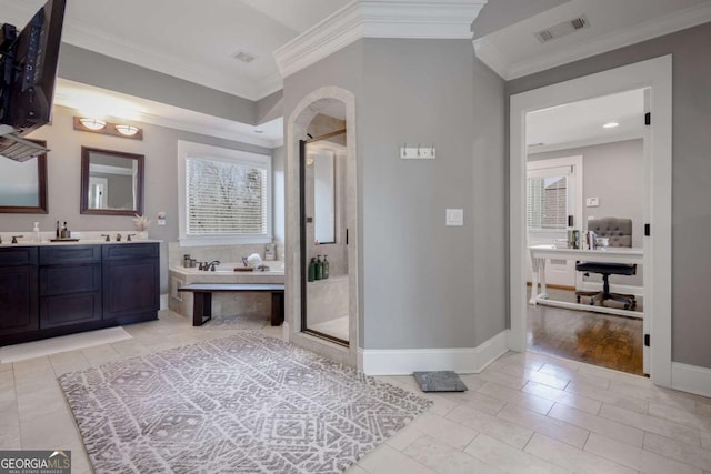 full bathroom with a shower stall, visible vents, and ornamental molding