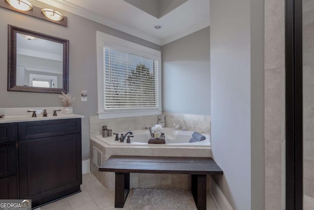 full bath with tile patterned flooring, a bath, vanity, and ornamental molding