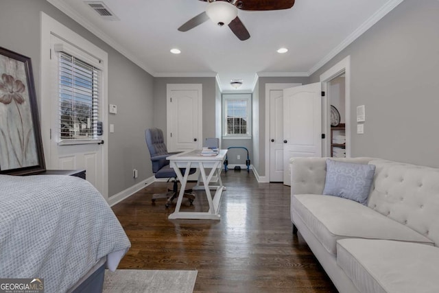 bedroom featuring visible vents, baseboards, ornamental molding, recessed lighting, and wood finished floors