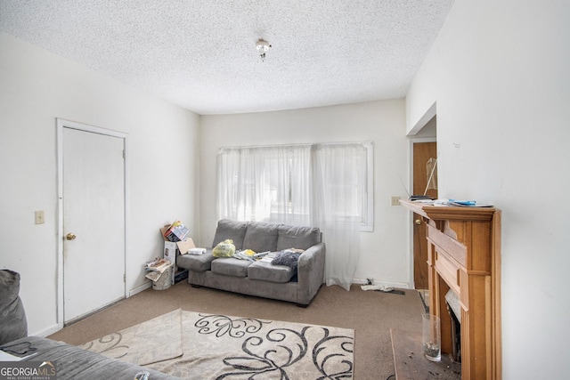 carpeted living area featuring baseboards and a textured ceiling