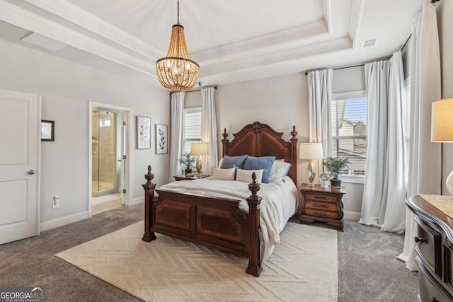 bedroom featuring a tray ceiling, baseboards, a notable chandelier, and light colored carpet