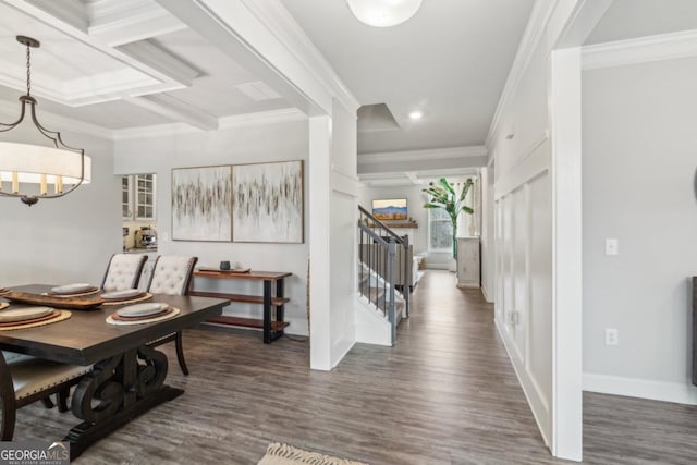 dining room featuring stairway, wood finished floors, and ornamental molding