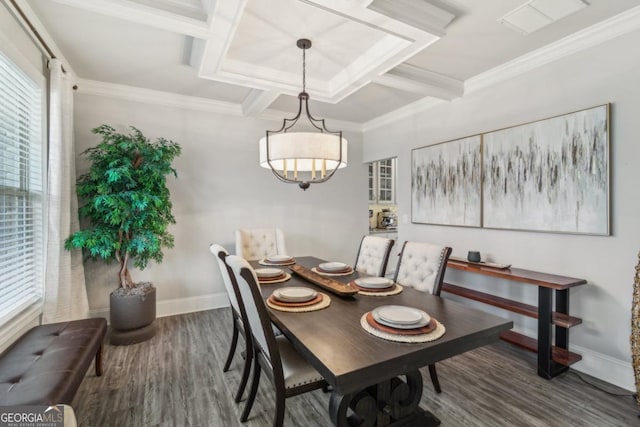 dining space with coffered ceiling, crown molding, baseboards, and wood finished floors