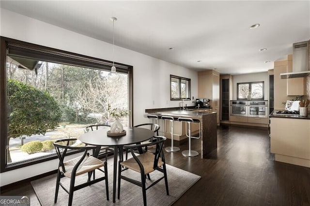 dining room featuring dark wood finished floors, recessed lighting, and a wealth of natural light