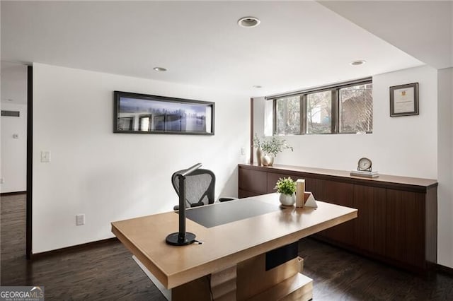 office space featuring recessed lighting, baseboards, and dark wood-style flooring