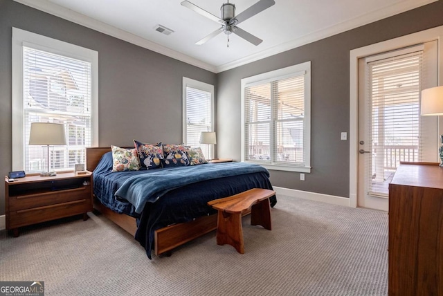 bedroom with visible vents, light carpet, ornamental molding, baseboards, and access to exterior