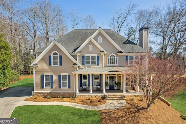 view of front of property featuring a front lawn, concrete driveway, roof with shingles, covered porch, and a chimney