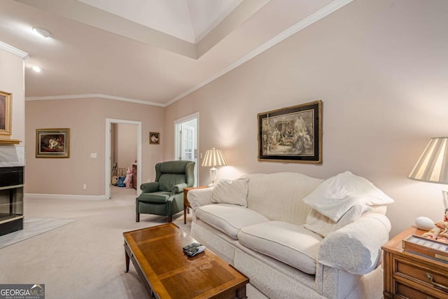 living area featuring baseboards, light colored carpet, and ornamental molding