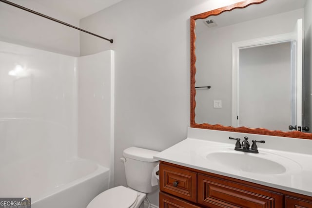 full bath featuring vanity, toilet, visible vents, and shower / bathtub combination