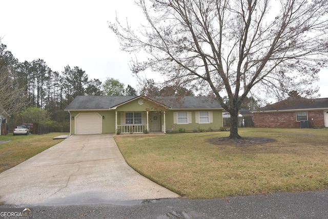 single story home with a front yard, an attached garage, a porch, and driveway