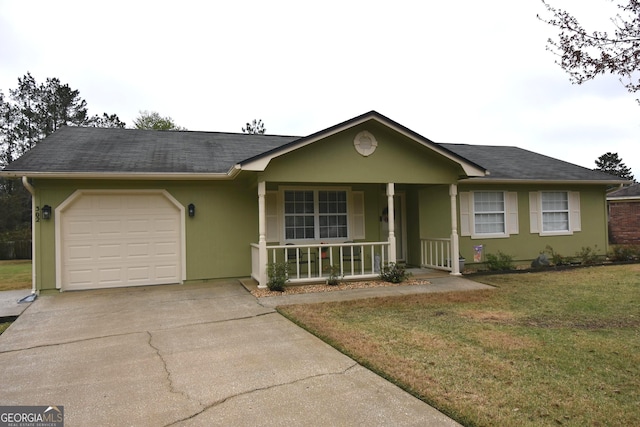 single story home with stucco siding, a porch, concrete driveway, a front yard, and a garage