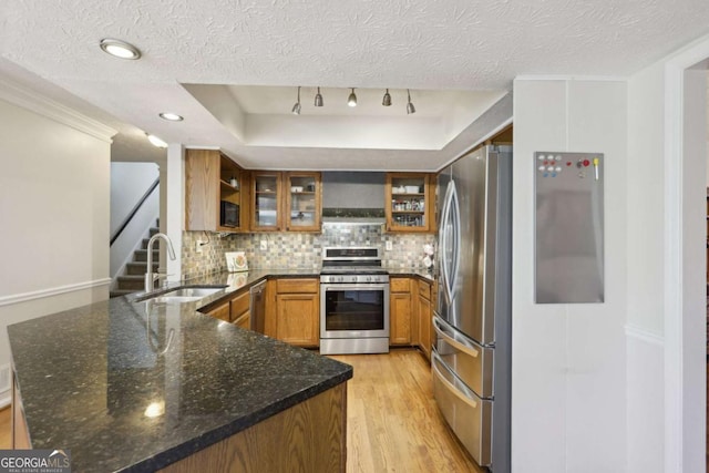 kitchen featuring tasteful backsplash, a peninsula, stainless steel appliances, and a sink