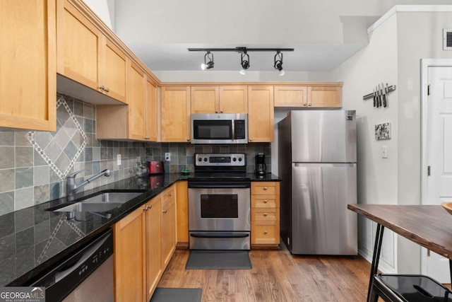 kitchen with light wood finished floors, decorative backsplash, stainless steel appliances, and a sink