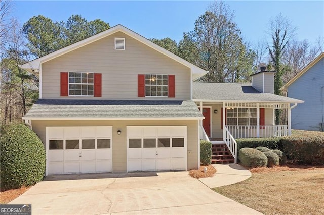 split level home with roof with shingles, a porch, concrete driveway, and an attached garage