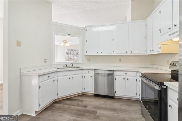 kitchen featuring light wood-style flooring, under cabinet range hood, a sink, white cabinetry, and stainless steel appliances