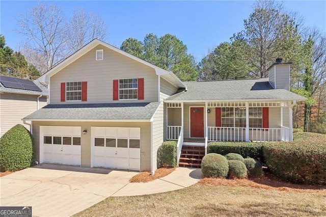 split level home with a garage, roof with shingles, covered porch, and concrete driveway