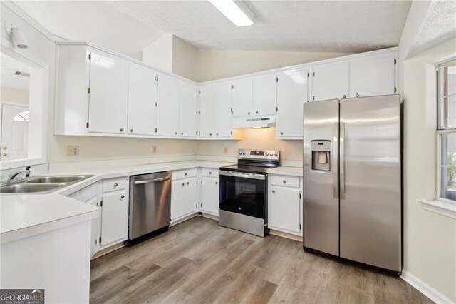 kitchen featuring light wood finished floors, vaulted ceiling, appliances with stainless steel finishes, exhaust hood, and a sink