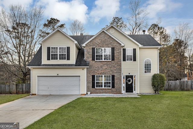 traditional-style home featuring a garage, concrete driveway, a front lawn, and fence