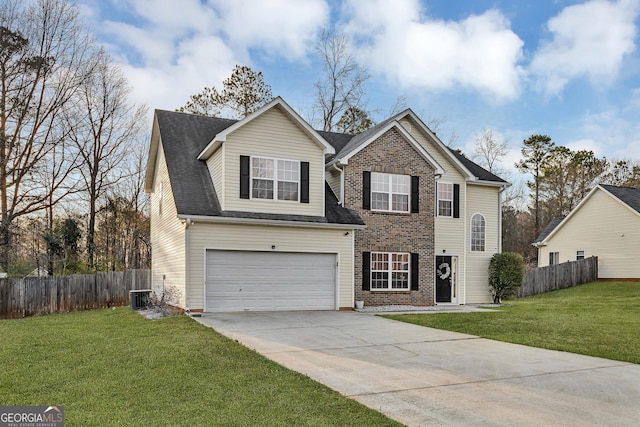 traditional-style house with driveway, central AC, fence, a front yard, and a garage