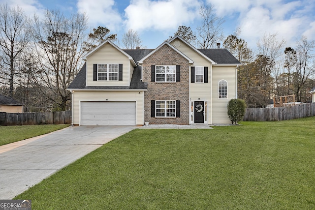 traditional-style house with brick siding, an attached garage, a front lawn, fence, and driveway