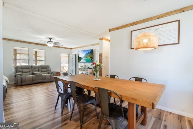 dining space featuring ceiling fan, baseboards, wood finished floors, and ornamental molding