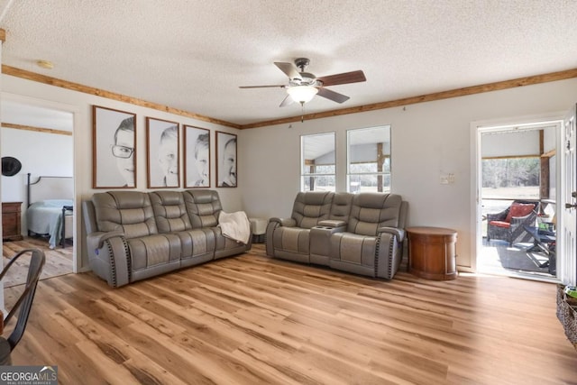 living room featuring a textured ceiling, ceiling fan, and light wood finished floors