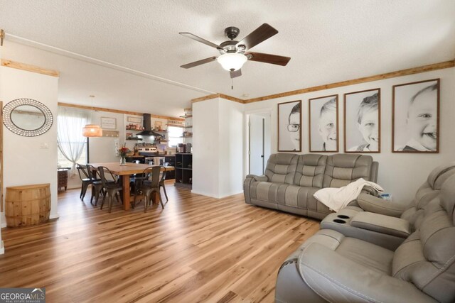 living room featuring a textured ceiling, a healthy amount of sunlight, ceiling fan, and light wood finished floors