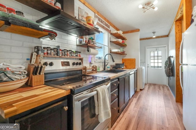 kitchen with light wood finished floors, open shelves, a sink, stainless steel appliances, and wall chimney exhaust hood