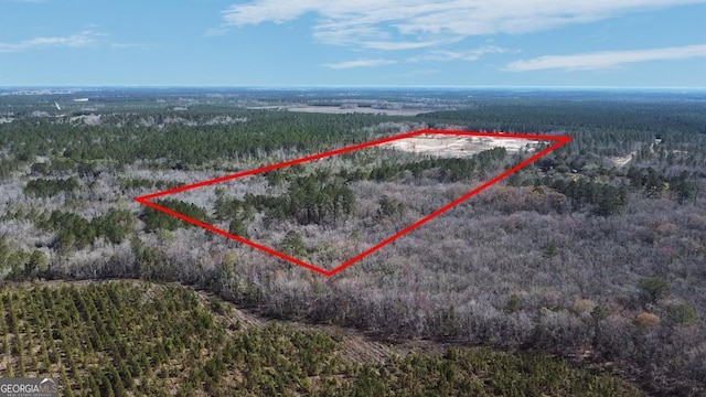 birds eye view of property with a wooded view