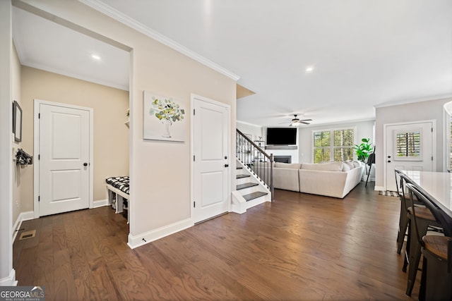 interior space featuring crown molding, baseboards, a fireplace, dark wood-style floors, and a ceiling fan