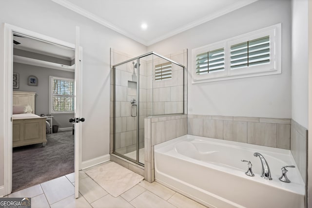 ensuite bathroom with tile patterned floors, a stall shower, ensuite bathroom, and a garden tub