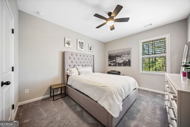 bedroom with visible vents, ceiling fan, baseboards, and dark colored carpet