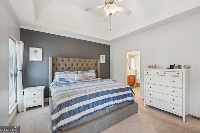 bedroom featuring multiple windows, a raised ceiling, and light carpet